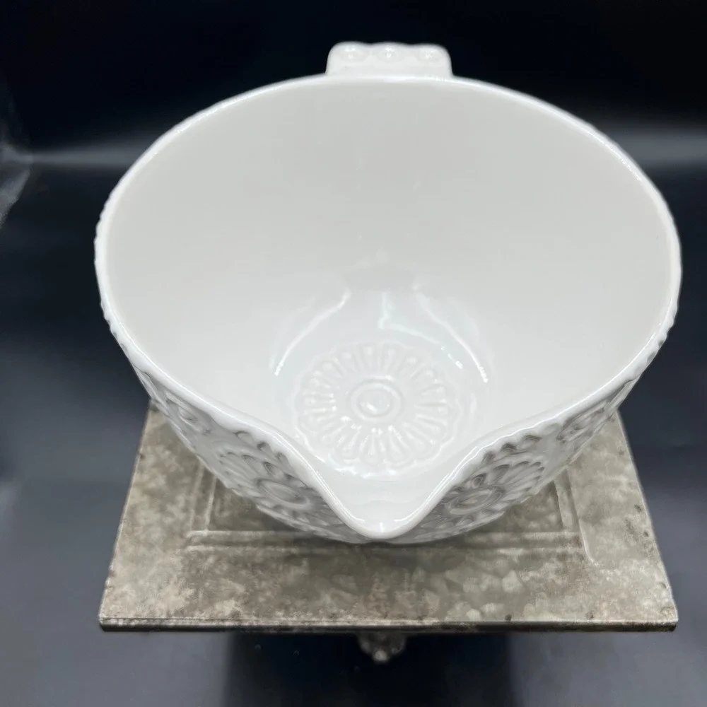 Ciroa Vintage Bake Shop White Stoneware Mixing Bowl Floral Embossed Pour Spout
